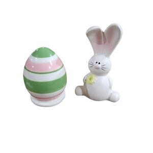Striped Egg  And Bunny Salt and Pepper Shakers Ceramic